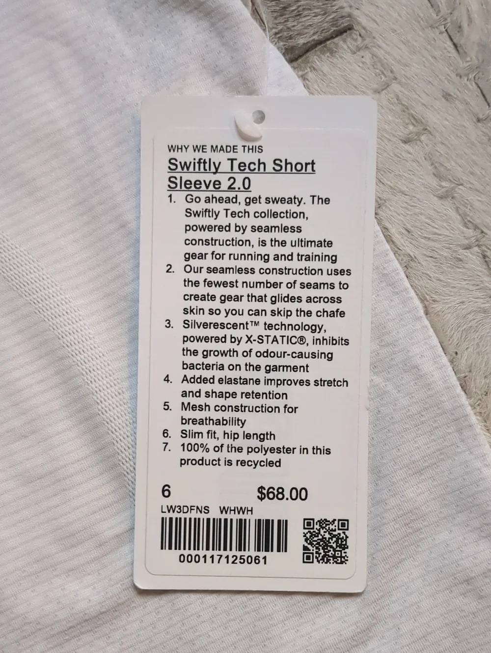 Lululemon Women's 6 Swiftly Tech Short Sleeve 2.0 White Shirt NWT